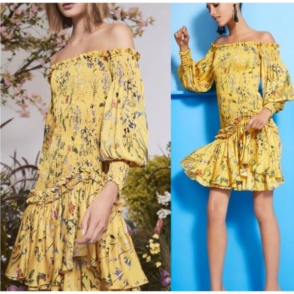 Alexis Dresses & Skirts - NWT ALEXIS Gemina Off-the-Shoulder Dress Yellow Floral Print Satin Smocked Large